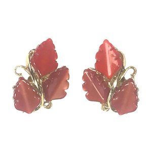 Vintage MCM Coral Moon Glow Thermoset Leaf Design Gold Tone Clip On Earrings